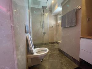 a bathroom with a toilet and a glass shower at PENTHOUSE GROUP 4 Apartments in Bucharest +27 photos