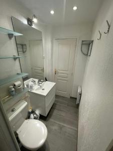 カンヌにあるCannes Conseil Immo - Appartement 1 chambre, zone semi piétonne -Tol-の白いバスルーム(洗面台、トイレ付)