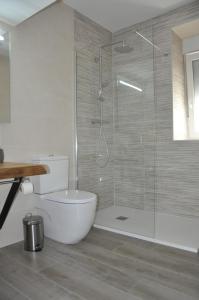 a bathroom with a toilet and a glass shower at Casa Rural Mazarredonda in San Pantaleón de Aras +25 photos
