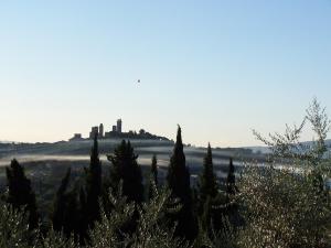 サン・ジミニャーノにあるPoggetto di Monteseの地平線に城がある丘の景色