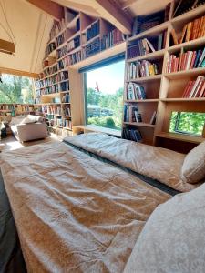 的住宿－Spacious modern rustique 1000sqm private garden, Tjøme，一张大床,位于带书架和窗户的房间