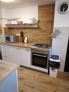 y cocina con fogones y microondas. en Holiday Home Jakovci en Netretić