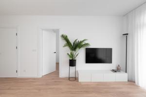 ein Wohnzimmer mit einem TV und einer Topfpflanze in der Unterkunft Brand New and Modern 1BDR Apartment in Vilnius