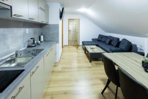 a kitchen and living room with a blue couch at Apartmani Tomšić in Darda