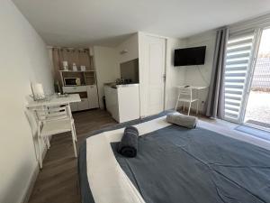 um quarto com uma cama, uma secretária e uma cozinha em Studio calme et indépendant proche Tours em Fondettes