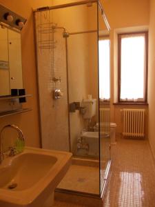 a bathroom with a shower and a sink and a toilet at Villa Costanza in Bobbio +30 photos
