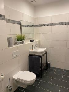 a white bathroom with a toilet and a sink at Stuck Ferienwohnungen in Cottbus +14 photos