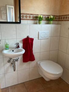 a bathroom with a toilet and a sink and a red towel at Villa Toskana Wohnung 1 in Wackersdorf