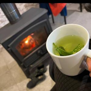 a person holding a cup of tea in front of a stove at Old Tower Guesthouse Ushguli in Ushguli