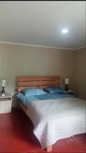 una camera da letto con un letto grande con cuscini blu di Old Tower Guesthouse - kafe ushguli a Ushguli