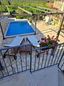 uma piscina com uma mesa e flores ao lado em Apartments Tomina em Donje Selo na Šolti