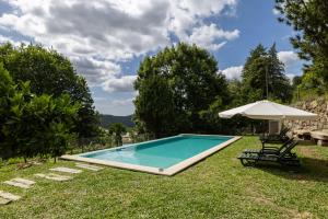 a swimming pool with an umbrella and a chair and a table at Casas do Capitão - Paiva Valley - Pool and Nature in Castelo de Paiva