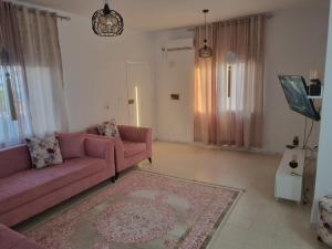 a living room with a pink couch and a rug at Appartement carthage in Douar ech Chott