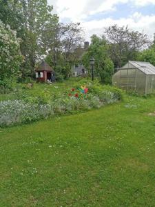 un jardín con invernadero y flores en un campo en Cozy 4-bedroom villa free parking big garden ++ 