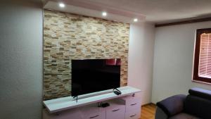 a living room with a tv on a brick wall at ENSA Apartments in Dubrave Gornje
