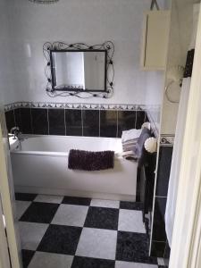 a bathroom with a tub and a mirror on the wall at Cub Cottage in Kilcoo