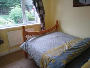 a bedroom with a bed in front of a window at Cub Cottage in Kilcoo