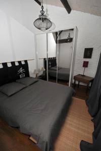 ein Schlafzimmer mit einem großen Bett und einem Spiegel in der Unterkunft Gîte proche Puy du Fou in Mortagne-sur-Sèvre