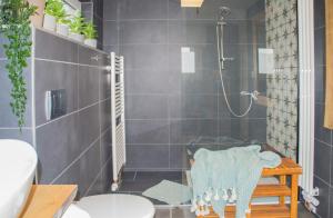 BiederitzにあるBusiness Apartment bei Magdeburgのシャワーとトイレ付きのバスルーム +31枚の写真