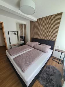 ein Schlafzimmer mit einem großen Bett in einem Zimmer in der Unterkunft Nah am See in Friedrichshafen