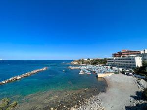 a view of a beach with boats in the water at Hotel Rex in Livorno