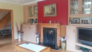 a living room with a fireplace and a tv at Spacious 6 Bed House 10 minutes from Knock Airport in Ballaghaderreen