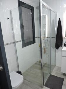 a bathroom with a glass shower and a toilet at SUNHILL LUXURIOUS house in Arguineguín
