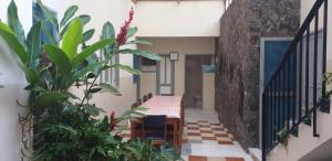 a hallway of a building with a table and plants at Residencial Bibi in Ribeira Grande