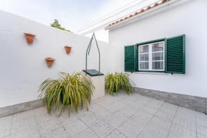 a white building with two plants in front of a window at Murta's Home in Cadaval