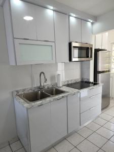 a white kitchen with a sink and a microwave at San Juan Apartments in San Juan
