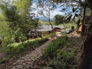 a stone path leading to a house in a field at hostal Sueño Paraiso- Observatorio astronómico in Popayan