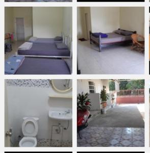 four pictures of a room with a bed and a toilet at Pakchong hostel & wildlife tour in Pak Chong