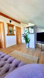 ein Wohnzimmer mit einem lila Sofa und einem TV in der Unterkunft Ferienwohnung in seenaher Künstlervilla in Gstadt in Gstadt am Chiemsee