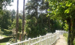 uma cerca branca em frente a um jardim com árvores em Pousada Matitaterê em Teresópolis