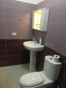 a bathroom with a toilet and a sink at Linda’s apartment in Vlorë +18 photos