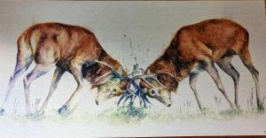 uma pintura de duas gazelas comendo grama em Kaoglen-Stags-Hot tub-Cairngorms-Pet Friendly em Balnald