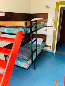 Ce lit se trouve dans un dortoir doté de 2 lits superposés et d'une échelle rouge. dans l'établissement Auberge de Jeunesse HI Belle-Île-en-Mer, au Palais