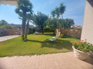 a yard with two palm trees and a chair at Villa happy days in San Vincenzo