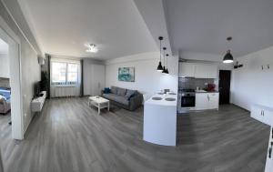 a large living room with a kitchen and a couch at LS Lake Apartment Mamaia Nord in Mamaia Sat/Năvodari
