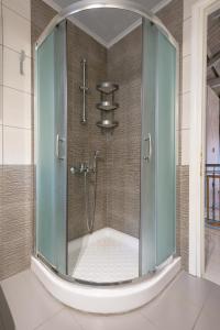 a shower with a glass enclosure in a bathroom at Traditional Stone House in Thános