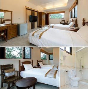 two pictures of a hotel room with two beds at Old House Homestay in Sanxing