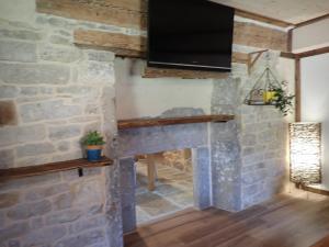 sala de estar con chimenea de piedra y TV de pantalla plana en Gîte le creux de vennes, 