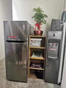 a kitchen with a refrigerator and a plant on a shelf at TOMO B&B in Taitung City