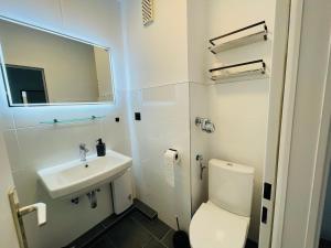a bathroom with a white toilet and a sink at Apartment Eerste Reeg für 2-4 Personen mit Pool in Dahme