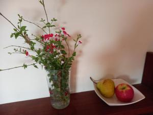 un vase avec des fleurs et une assiette de fruits sur une table dans l'établissement No 9 Manor Way, à Carmarthen