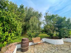 a wooden bench sitting in a garden with a barrel at Hotel Amadora - Admite mascotas in Barreiros +29 photos