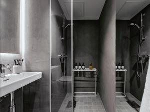 W łazience znajduje się prysznic i umywalka. w obiekcie Campus House by Larsen w Tallinnie