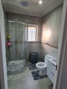 a bathroom with a shower and a toilet and a sink at Lifestyle Golf Estate in Pietermaritzburg