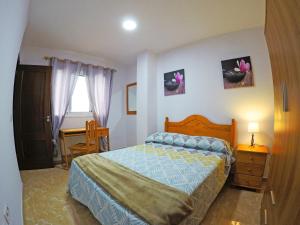 a bedroom with a bed and a desk and a window at Apartamento Beneharo en San Andrés in San Andrés