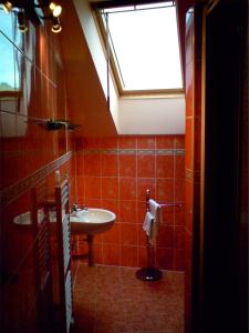 ein Badezimmer mit einem Waschbecken und einem Dachfenster in der Unterkunft Penzion u Mikulinců in Mikulov